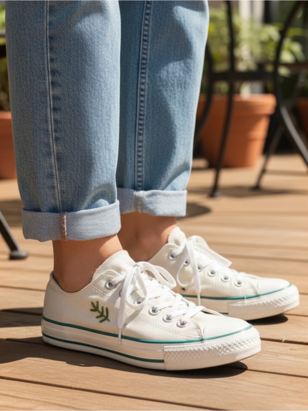Converse White Canvas Sneakers with Green Detail